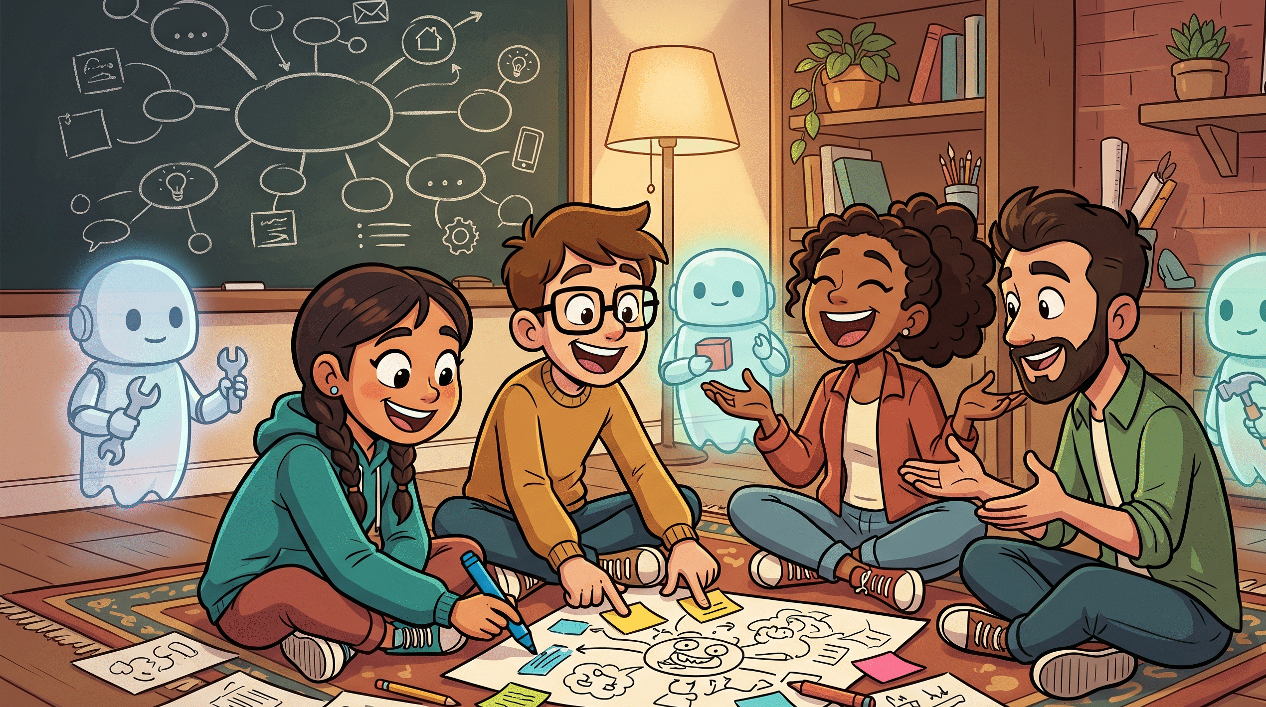 Thinking together around scattered notes while AI robots wait in the background