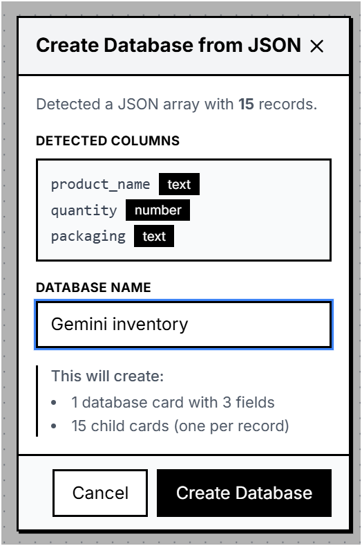 Create database from Gemini JSON